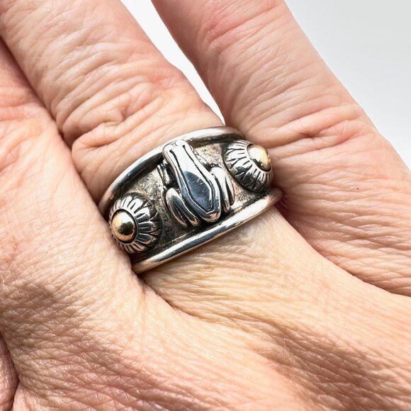 Barry Kieselstein Cord Sterling Silver 14K Gold Frog & Flower Ring Size 10 - Picture 2 of 4